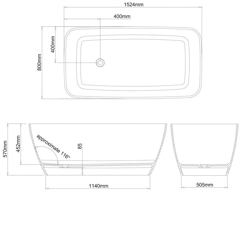Clearwater Vicenza Clear Stone Petite Bath 1524 x 800mm - Image 3