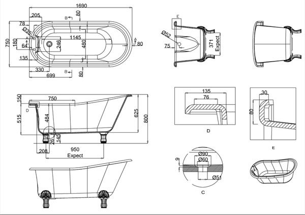 *Ex-display* Clearwater Romano ClearStone Freestanding Bath 1690 x 750mm - Image 3
