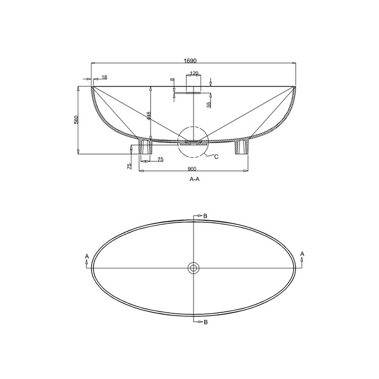 Clearwater Lacrima Natural Stone 1690 x 800mm Freestanding Bath - Image 2